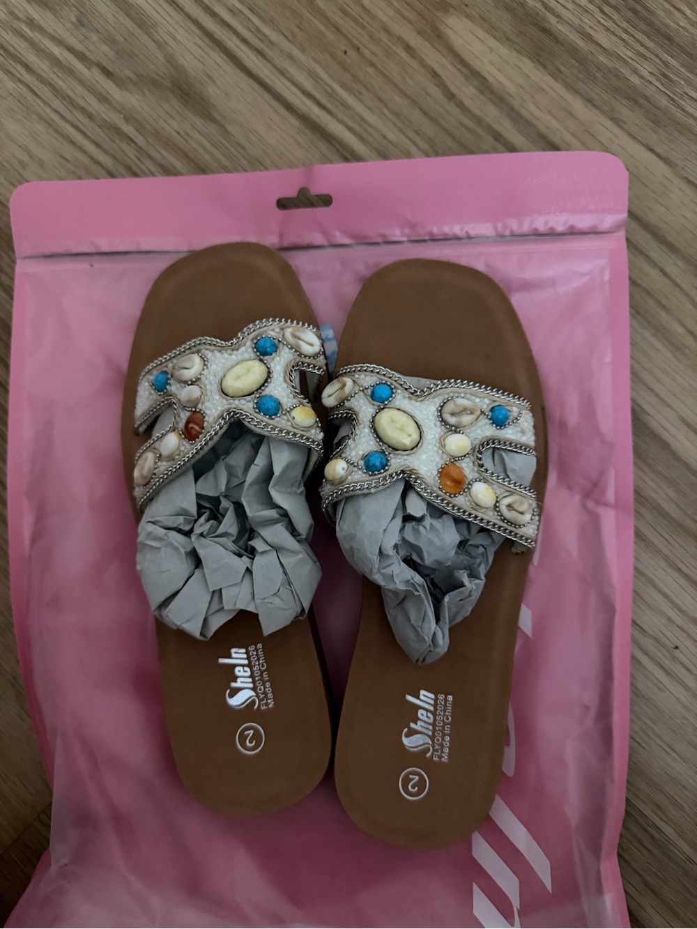 Shella Embellished Brown Slide Sandals with Multicolor Stones